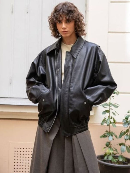 Stylish Women's 90's Oversized Black Real Leather Jacket