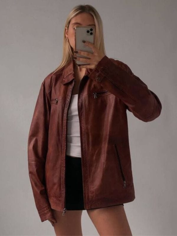 Women's 90's Oversized Brown Distressed Leather Jacket