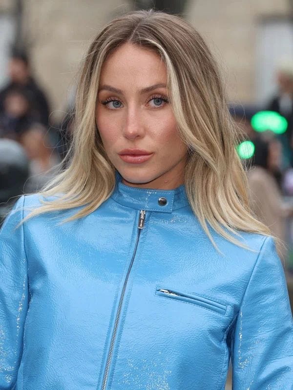 Alix Earle PFW 2025 Blue Leather Jacket
