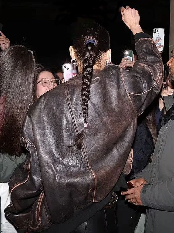 Bella Hadid 2025 Brown Leather Jacket