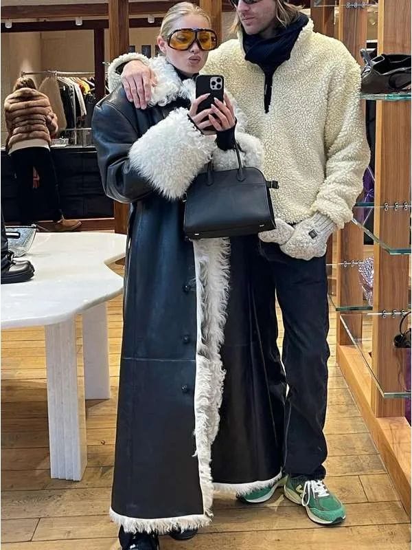 Elsa Hosk Shearling Black Leather Coat
