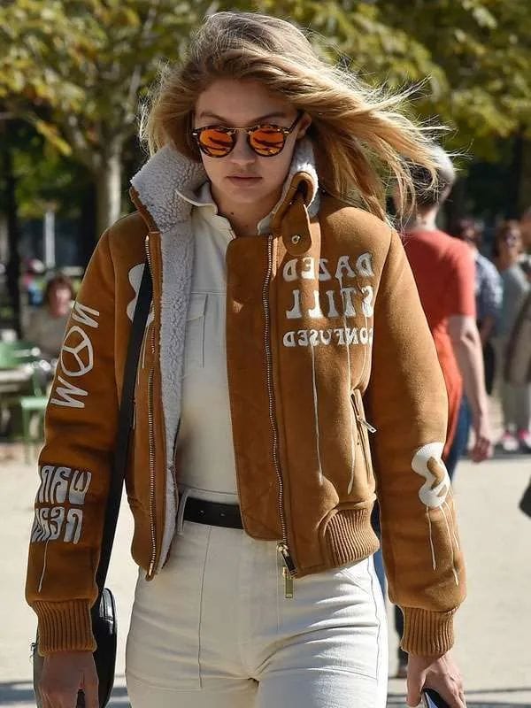 Gigi Hadid Brown Suede Bomber Jacket