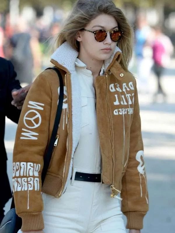 Gigi Hadid Brown Suede Bomber Jacket