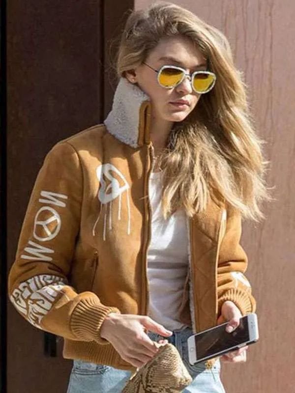 Gigi Hadid Brown Suede Bomber Jacket