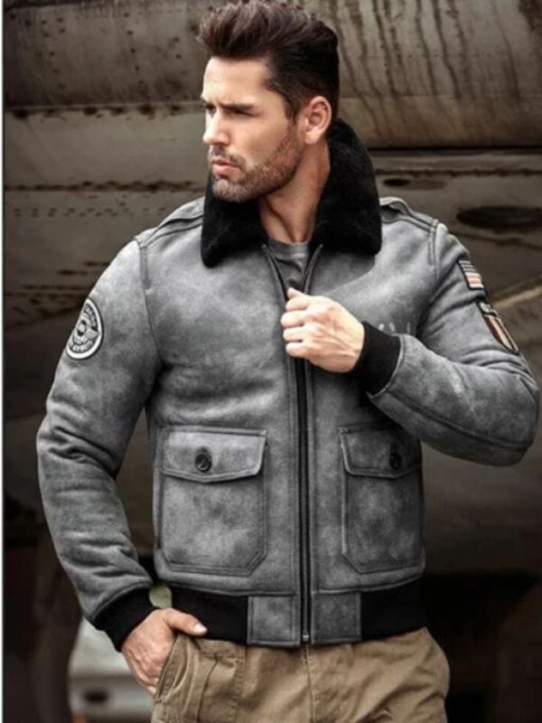 Men's B3 RAF Flight Shearling Leather Grey Jacket Coat