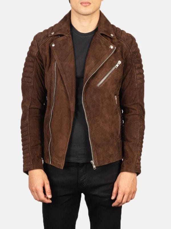 Mens Stylish Quilted Biker Brown Suede Leather Jacket
