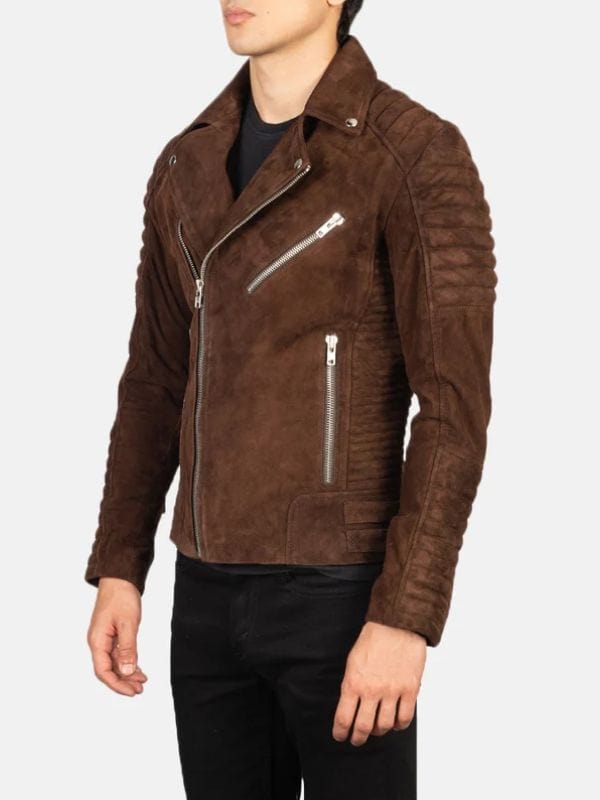 Mens Stylish Quilted Biker Brown Suede Leather Jacket