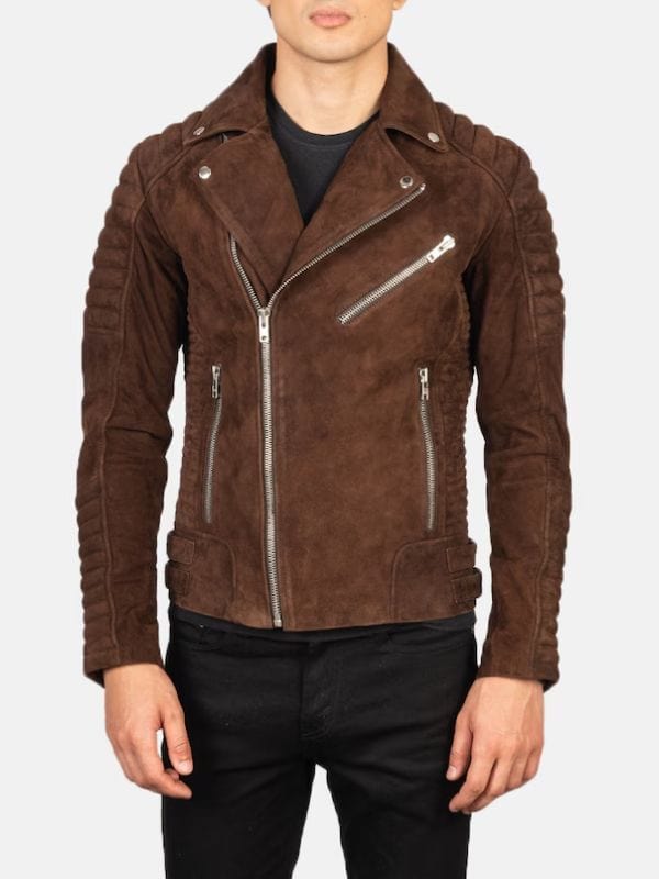 Mens Stylish Quilted Biker Brown Suede Leather Jacket