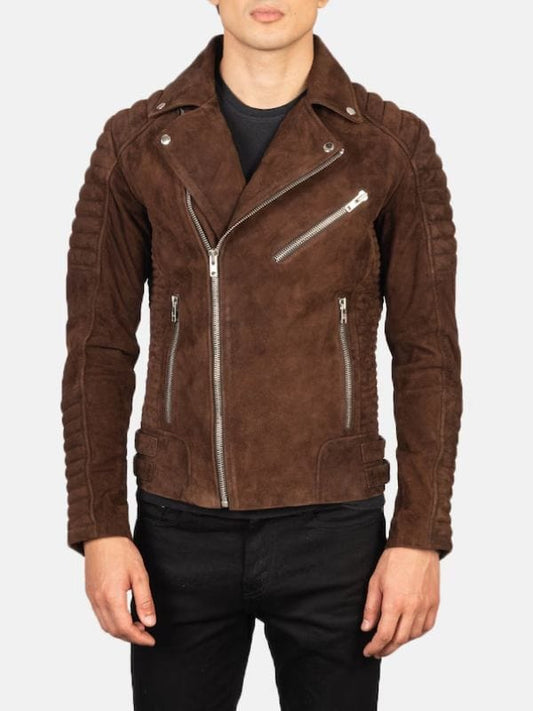 Mens Stylish Quilted Biker Brown Suede Leather Jacket