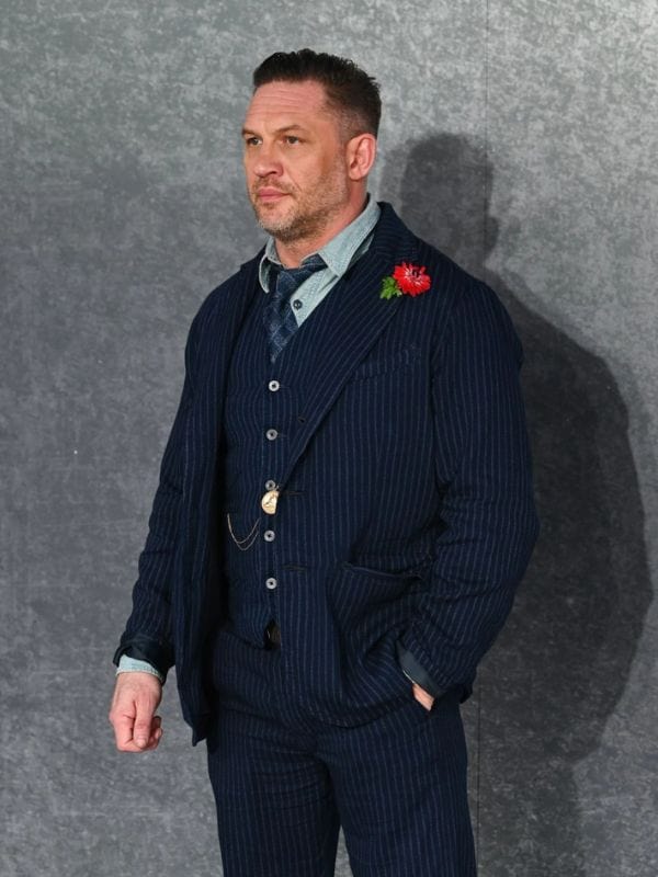 Mobland Premiere Tom Hardy Pinstriped Blazer