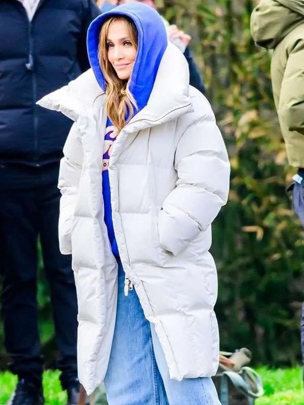 Office Romance 2025 Jennifer Lopez Puffer Coat White