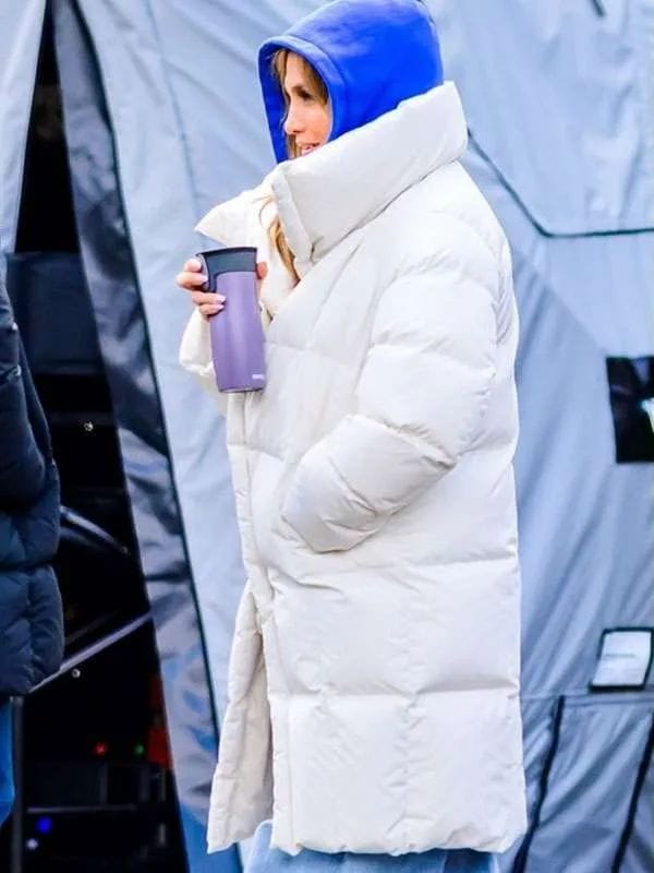 Office Romance 2025 Jennifer Lopez Puffer Coat White