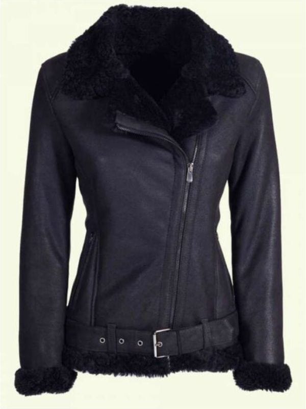 Shearling Leather Jacket For Women’s Black Biker Shearling Leather Jacket For Women's