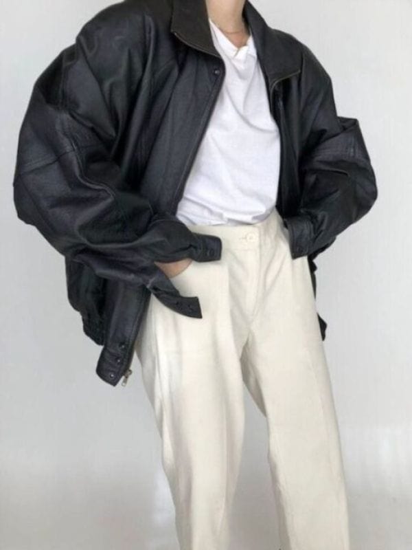 90's Oversized Black Bomber Retro Vintage Leather Jacket