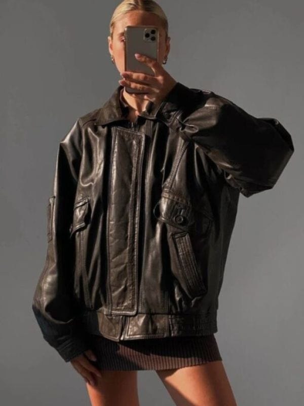 90's Oversized Brown Bomber Retro Vintage Leather Jacket