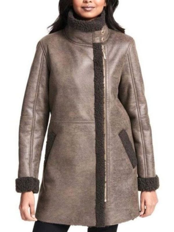 Women Asymmetrical Zip Faux Fur shearling Brown Leather Coat