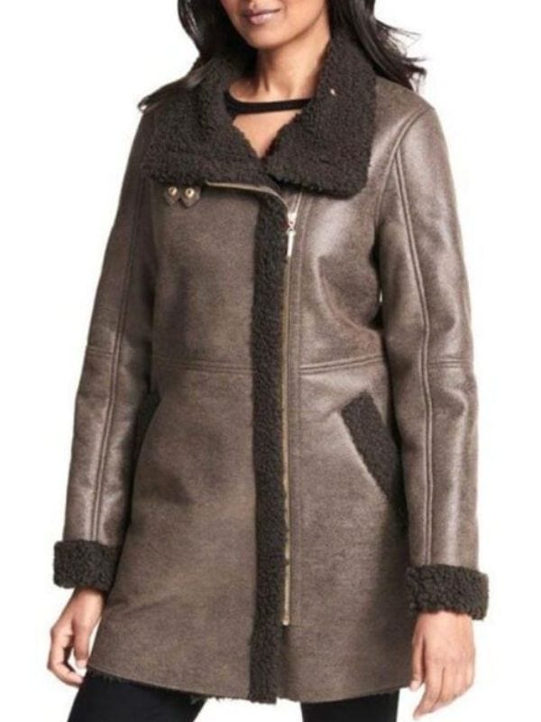 Women Asymmetrical Zip Faux Fur shearling Brown Leather Coat