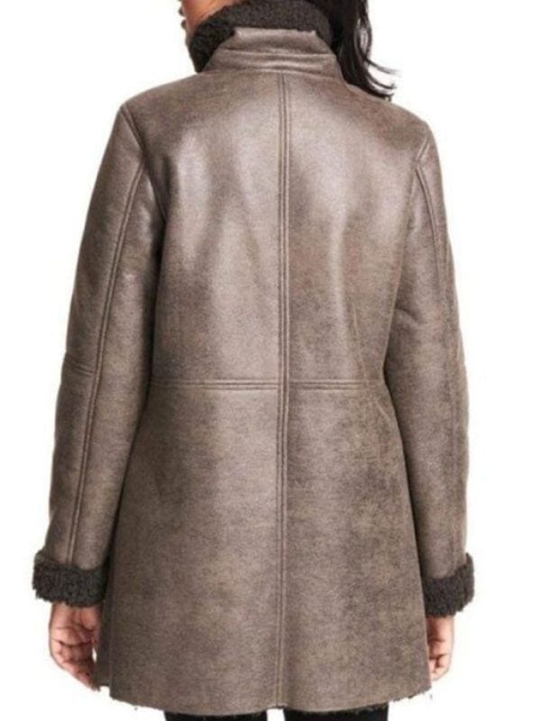 Women Asymmetrical Zip Faux Fur shearling Brown Leather Coat