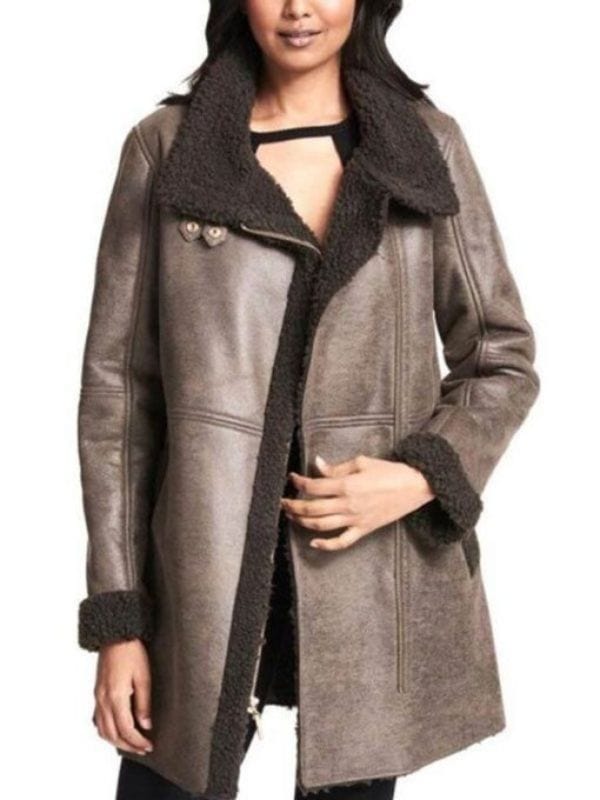 Women Asymmetrical Zip Faux Fur shearling Brown Leather Coat