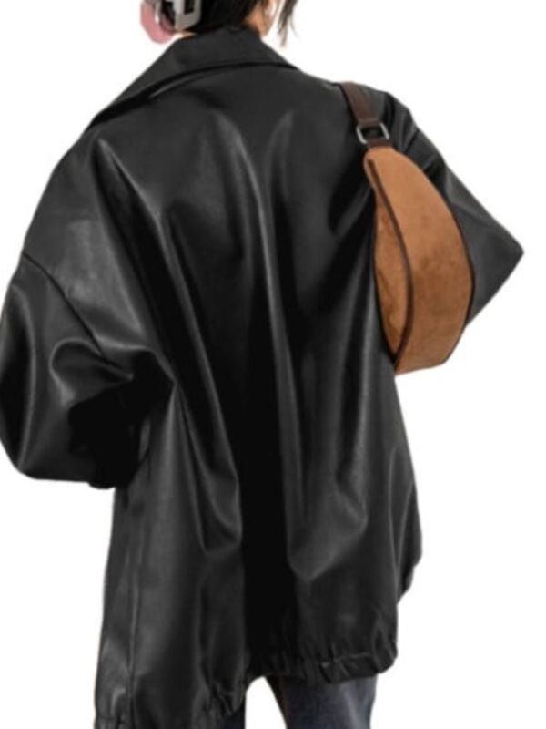 80's Oversized Women Black Retro Real Leather Jacket