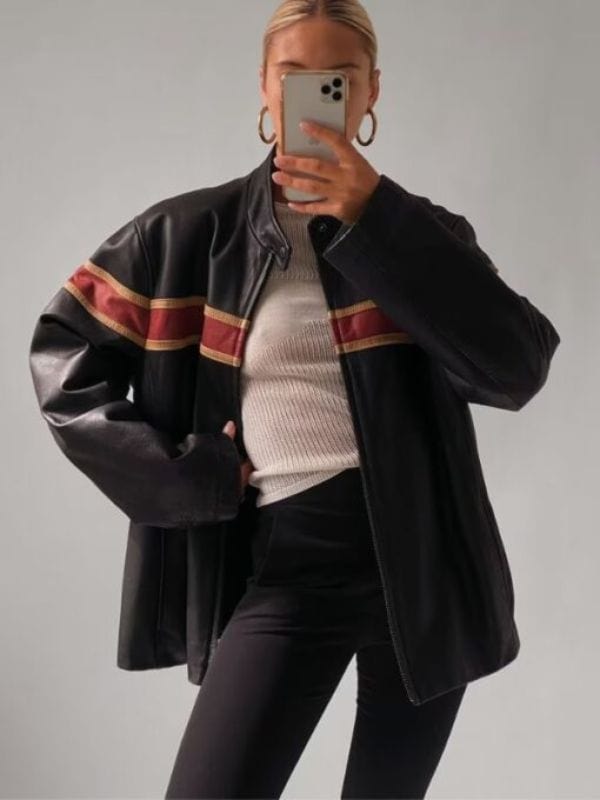 Cafe Racer 90's Oversized Black Retro Strip Leather Jacket