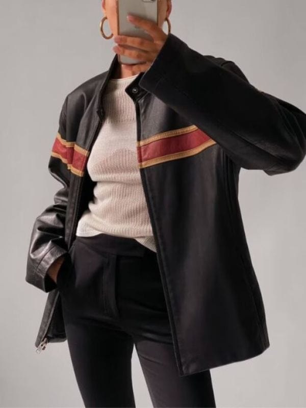 Cafe Racer 90's Oversized Black Retro Strip Leather Jacket