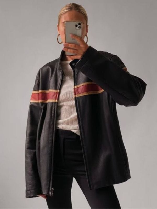 Cafe Racer 90's Oversized Black Retro Strip Leather Jacket