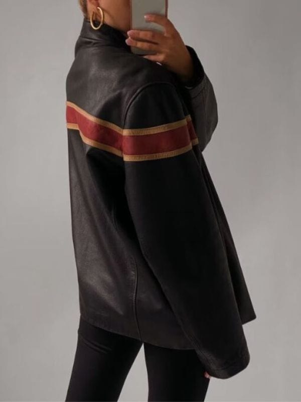 Cafe Racer 90's Oversized Black Retro Strip Leather Jacket