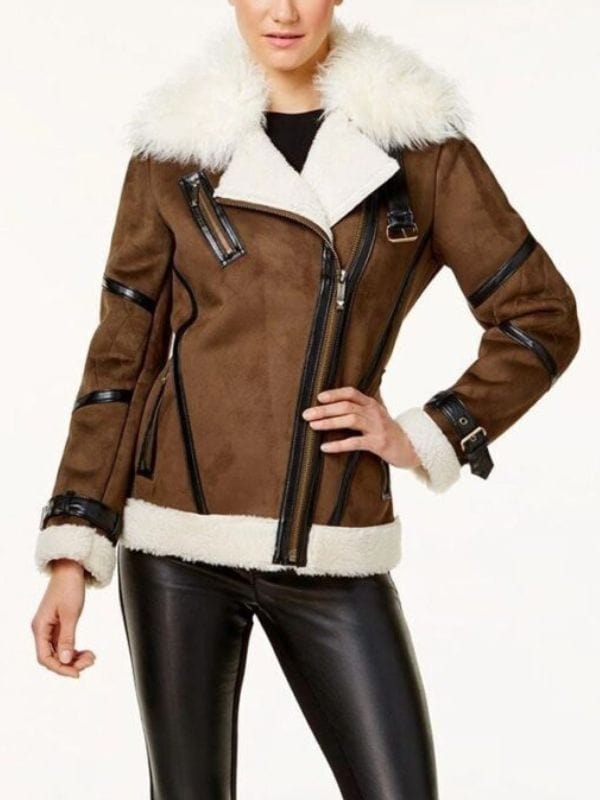 Brown Shearling Asymmetrical Leather Jacket For Women’s