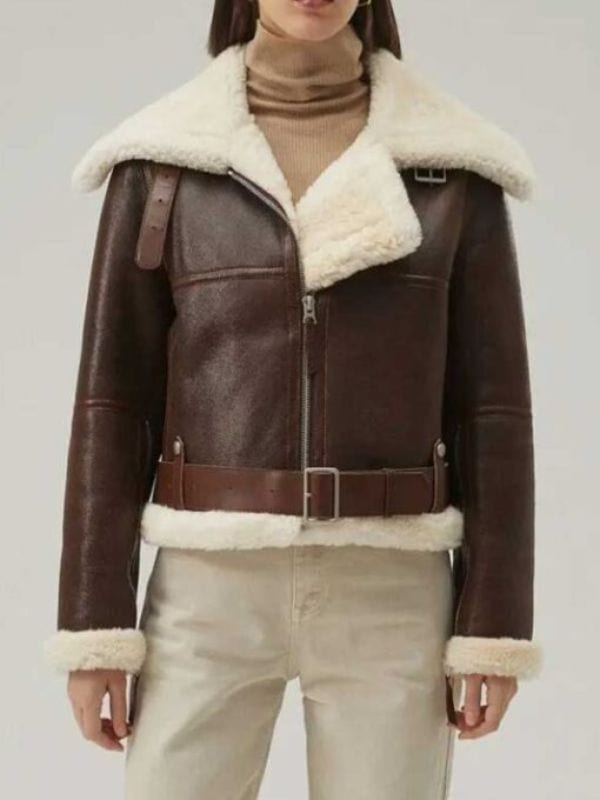 Women's Cropped Style Brown Leather Shearling Jacket