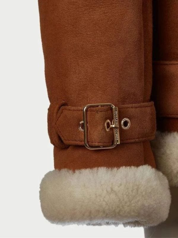 Women's Tan Leather Aviator Jacket With Belted Cuffs