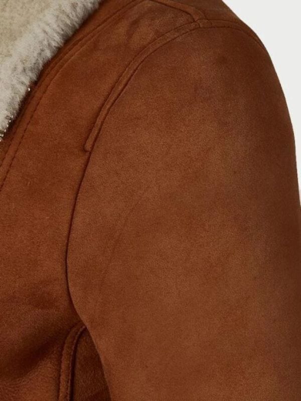 Women's Tan Leather Aviator Jacket With Belted Cuffs