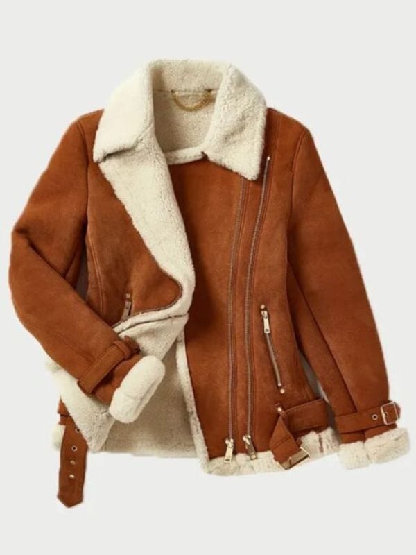 Women's Tan Leather Aviator Jacket With Belted Cuffs
