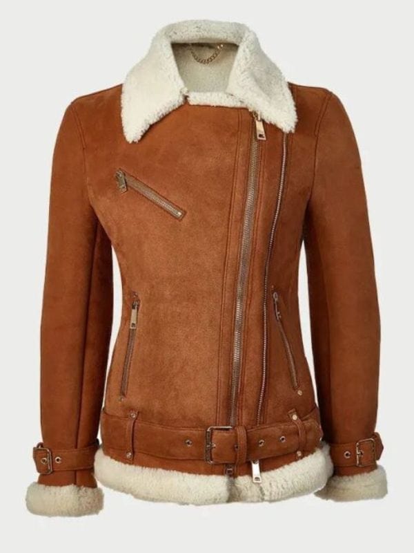 Women's Tan Leather Aviator Jacket With Belted Cuffs