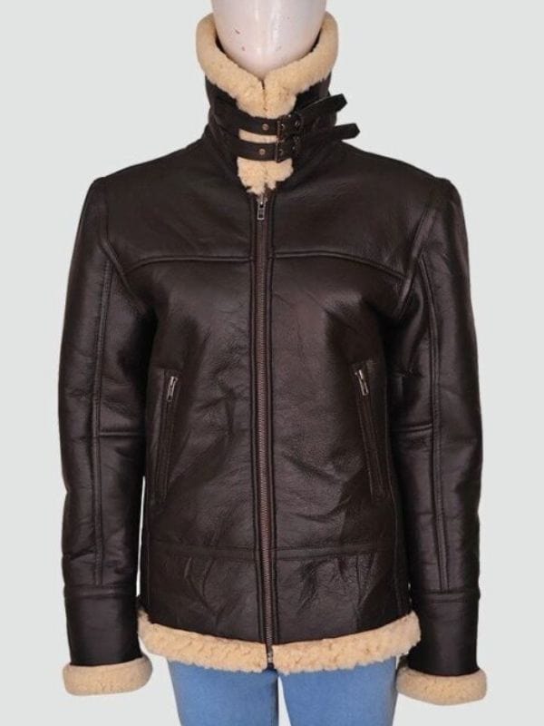 Women Aviator Bomber Leather Brown Jacket