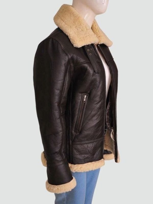 Women Aviator Bomber Leather Brown Jacket