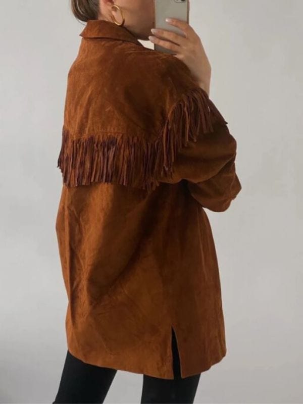 Women Vintage Fringe Brown Leather Jacket