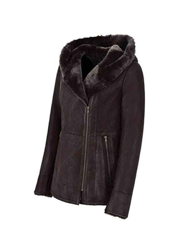 Womens Hooded Fur Shearling Long Jacket