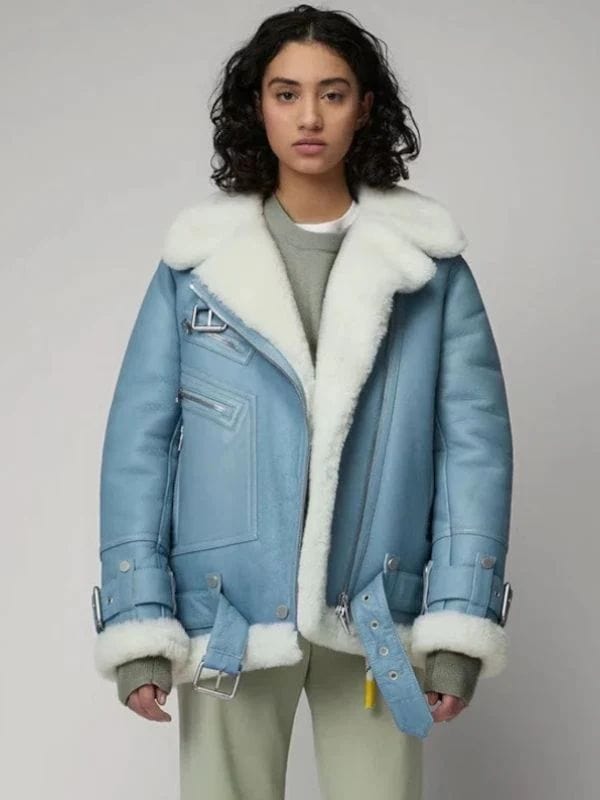 Womens Light Blue B3 RAF Aviator Shearling Leather Jacket
