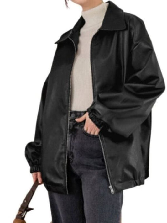 80's Oversized Women Black Retro Leather Jacket 
