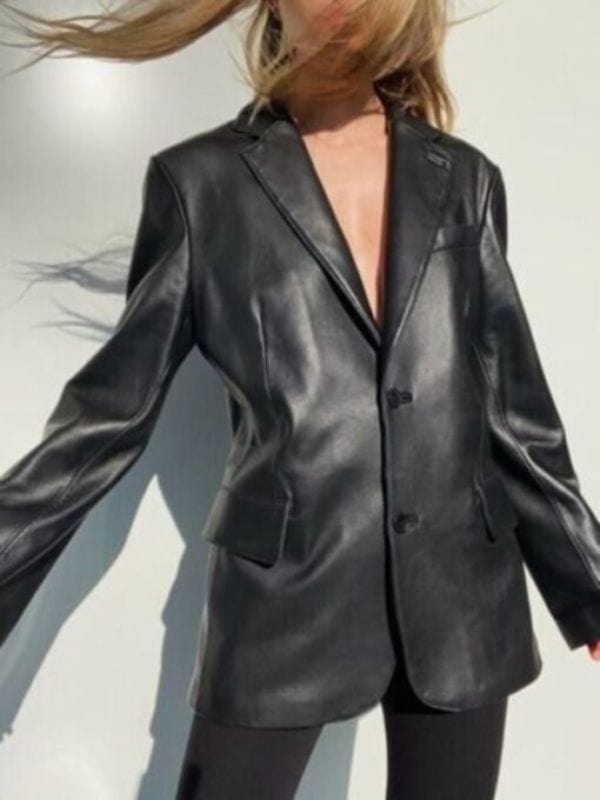 90's Oversized Black Leather Blazer Jacket For Women Women's 90's Oversized Black Leather Blazer Jacket