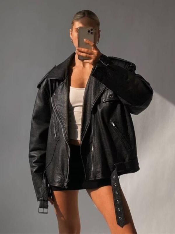 90's Oversized Black Retro Motorcycle Biker Leather Jacket