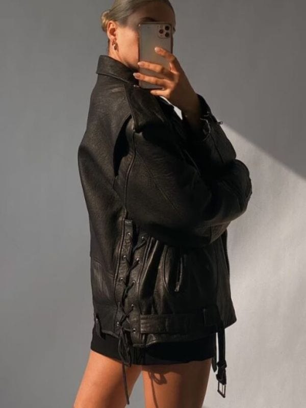 90's Oversized Black Retro Motorcycle Biker Leather Jacket