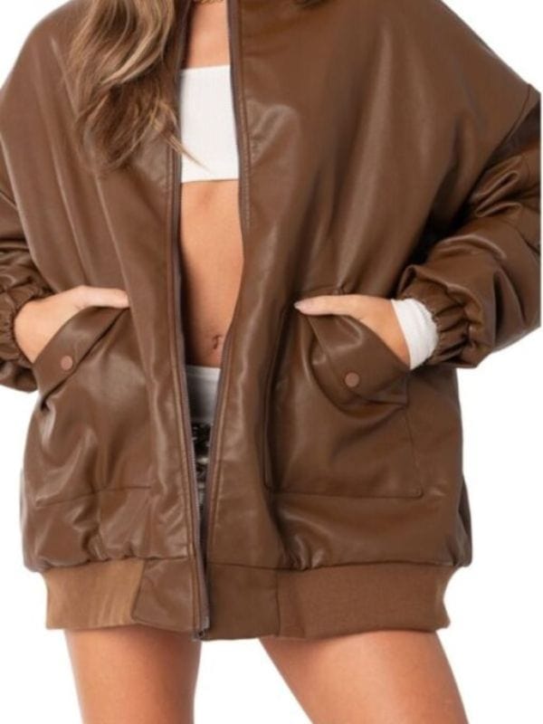 90's Oversized Brown Leather Bomber Jacket For Women