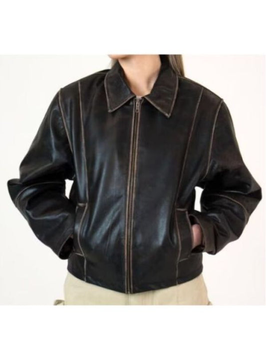 90's Oversized Black Distressed Vintage Leather Jacket