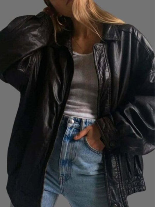 90's Oversized Bomber Retro Vintage Black Leather Jacket