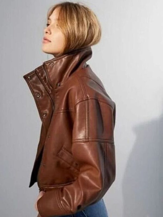 90's Oversized Women Brown Real Leather Bomber Jacket
