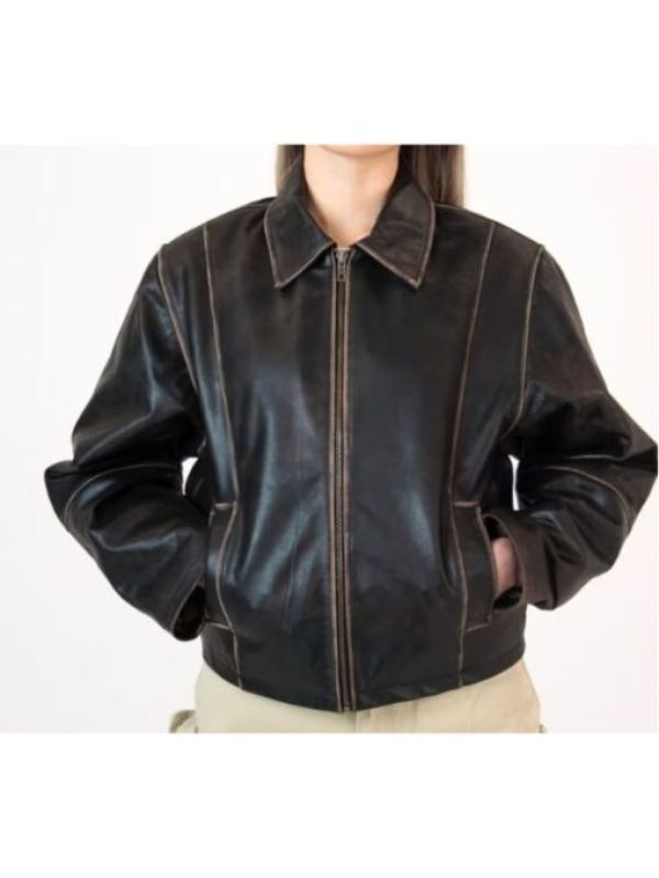 90s Oversized Leather Bomber Jacket, Distressed