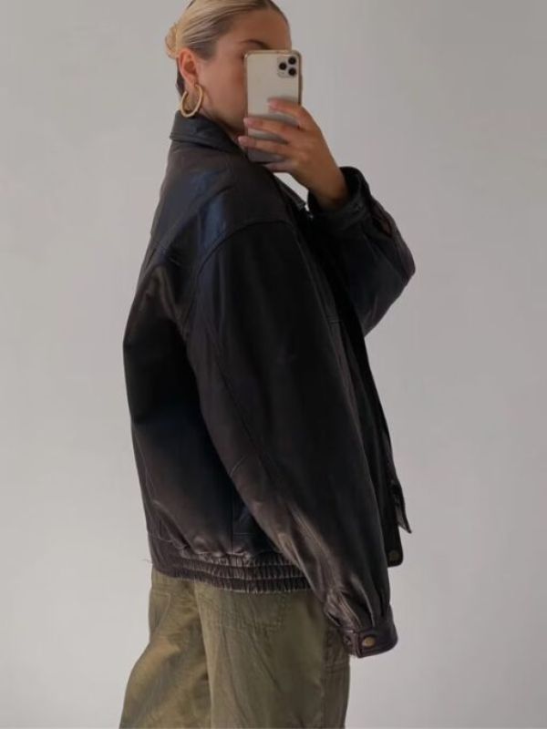 90s Vintage Oversized Women Straight Leather Jacket