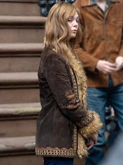 A Complete Unknown Elle Fanning Brown Fur Suede Jacket
